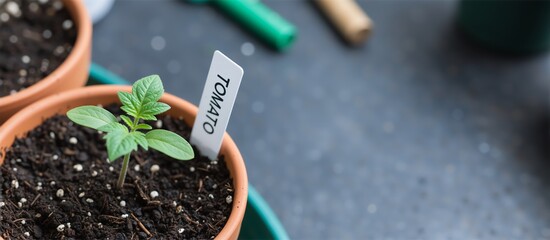 Tomato seedling in a terracotta pot with a white plant label. Young green plant growing in dark soil. Gardening and home-grown food concept. Close-up with copy space