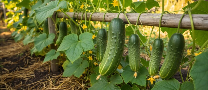 Ripe cucumbers hanging from a wooden trellis in a garden. Fresh green vegetables growing on a vine with yellow flowers. Organic farming and harvest concept. Homegrown produce in sunlight