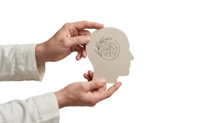 Hands Holding Cardboard Head Silhouette with Botanical Brain Illustration isolated on Transparent Background