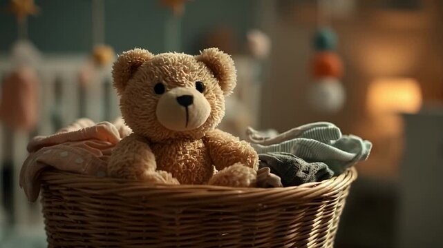 Cute teddy bear in cozy basket surrounded by soft baby textiles