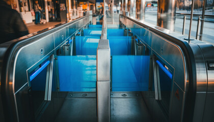 Modern automated fare gates at a public transport station