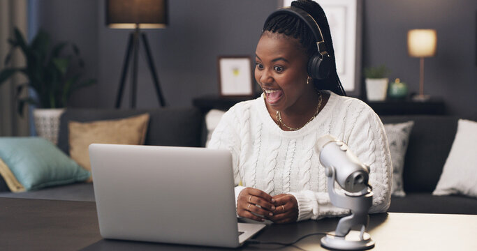 Surprise, podcast and laptop with black woman in home for subscription goal, social media and brand endorsement. Content creation, microphone and broadcast editing with person in apartment for show