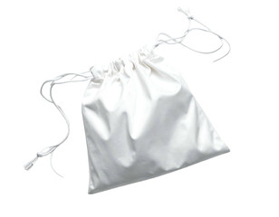 A small, white drawstring pouch with its strings loosely tied, presenting a clean, minimalist look