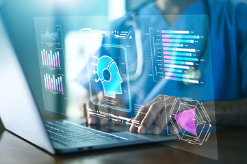 Doctor using AI Technology for Medical Data Analysis and Sustainable Healthcare to enhance collaboration between medical professionals and smart healthcare technology for better patient care.