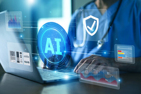 Doctor using AI Technology for Medical Data Analysis and Sustainable Healthcare to integrate digital health platforms and electronic medical records and intelligent clinical support systems.