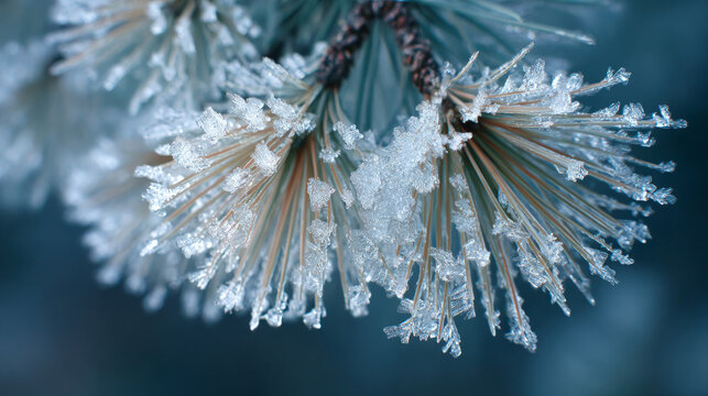 Frosted pine needles glimmering in winter nature close-up natural beauty serene atmosphere seasonal wonder