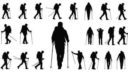 Obraz premium Silhouettes of people hiking with backpacks and trekking poles in various poses and directions on a white background, showcasing different aspects of adventure travel.