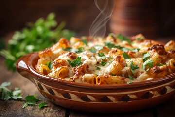 Halal baked ziti with tomato sauce, mozzarella cheese, and fresh parsley, warm cozy background