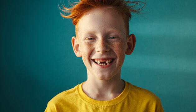 Happy red-haired child with missing front teeth smiling broadly