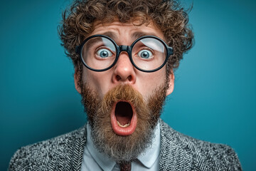 Surprised young man with glasses and curly hair in tweed jacket against blue background