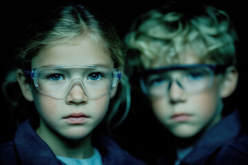 Focused young girl and boy wearing safety goggles in dark environment