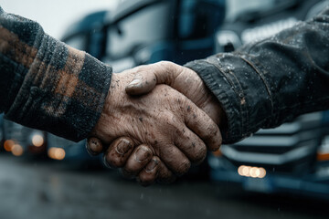 Close-up of two adult men shaking hands in front of trucks in rainy weather
