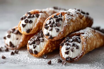 Halal cannoli pastries filled with sweet ricotta cream, chocolate chips, and powdered sugar, light soft background