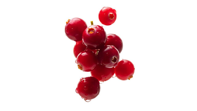 Vibrant red cranberries with glistening water droplets on a white background highlighting natural freshness