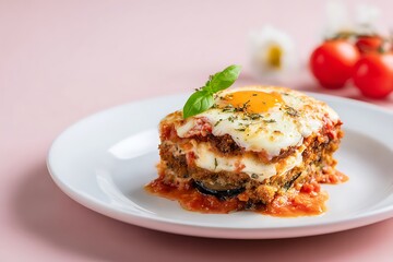 Halal eggplant parmesan layered with tomato sauce and cheese, served on a white plate, pastel-toned background