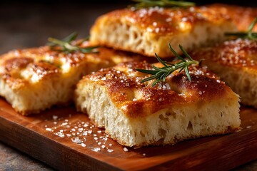 Halal focaccia bread with rosemary and sea salt, golden crust, served on a wooden tray, soft blurred background