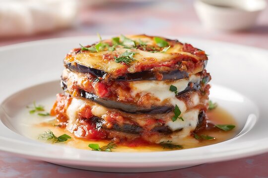 Halal eggplant parmesan layered with tomato sauce and cheese, served on a white plate, pastel-toned background