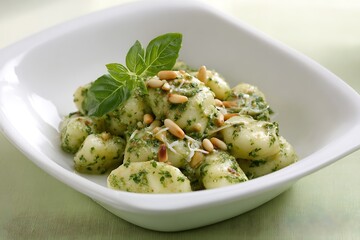 Halal gnocchi with creamy pesto sauce, pine nuts, and fresh basil, served in a white ceramic dish, pastel green background