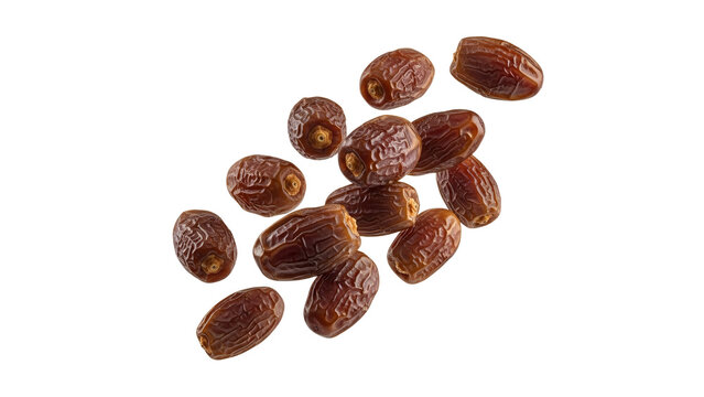 A delightful composition of delicious plump dried dates elegantly scattered across a pristine white background showcasing their natural texture and