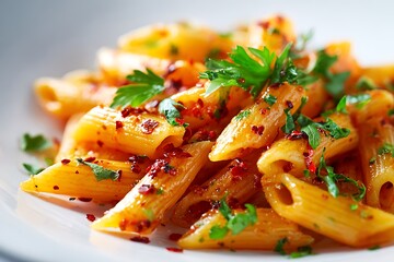 Halal penne arrabbiata with spicy tomato sauce and red chili flakes, sprinkled with fresh parsley, clean modern background