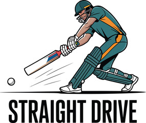 Straight Drive Shot Vector: Cricket Batsman in Green and Yellow Gear Executes Classic Technique with Forceful Motion Lines.