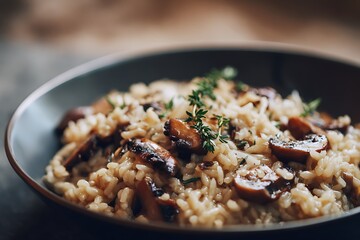 Halal risotto with mushrooms, parmesan, and fresh thyme, served in a shallow bowl, soft blurred earthy background