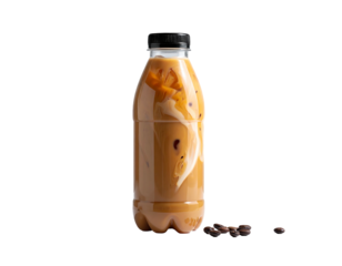 Frothy iced coffee swirl with beans on black