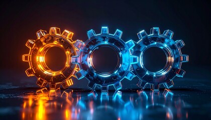 Three translucent gears&mdash;two orange and one blue&mdash;glowing on dark reflective surface with high-tech symmetry.