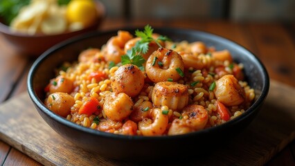 Fototapeta premium homemade seafood jambalaya new orleans one pot meal served in a bowl on table concept of food industry restaurant catering business