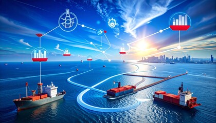 Stylized flowchart with winding blue path—white and red arrows guide logistics icons like graphs, gears, ships, and factories.