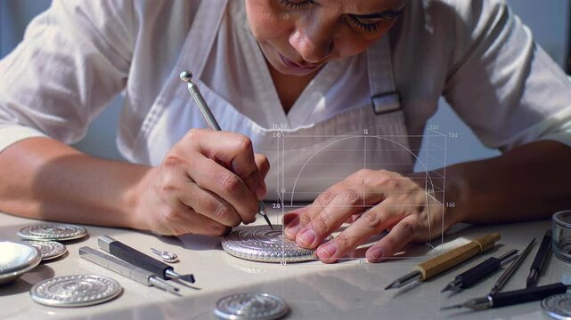 female watchmaker engraving vintage watch dial, focused artisan in workshop using loupe and fine tools to restore mechanical movement, arranging gears and springs on bench, polishing bezel