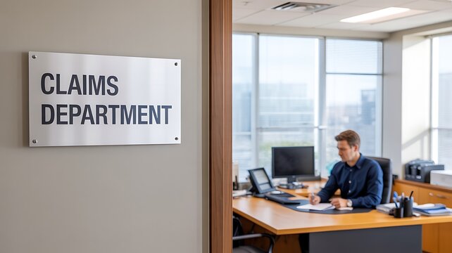Insurance claims department office with employee working at desk
