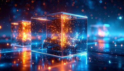 Futuristic 3D stepped cubes&mdash;transparent glowing blocks with star-like particles on reflective surface, blue-orange hues.