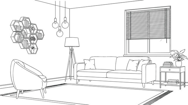 Modern living room interior line art illustration featuring a sofa armchair hexagonal wall shelves tripod lamp and window with blinds for home decor concept