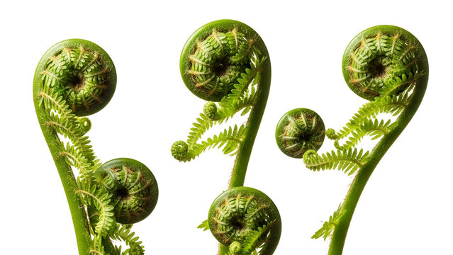 Vibrant green fern fiddleheads beautifully unfurling on a pristine white background showcasing nature's intricate delicate patterns and fresh