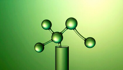 Stylized molecular structure&mdash;transparent spheres and cylindrical bonds on green gradient background with central atom.
