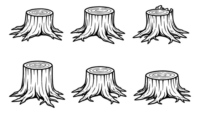 Hand drawn tree stump set featuring detailed wood texture and exposed roots for nature and outdoor themes