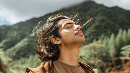 Young man breathes calmly amid greenery concept. A serene moment captured in nature, embracing tranquility and joy.