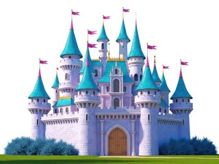 Obraz premium Isolated on white background fantasy purple castle with blue turrets and flags