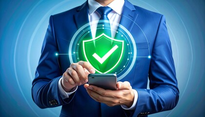 Formal professional holding smartphone with digital green shield security overlay in modern office