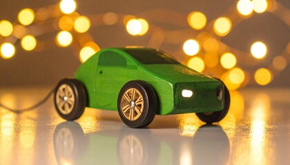 Stylized toy electric car&mdash;green body with wooden wheels and charging plug, on reflective surface with warm lights.