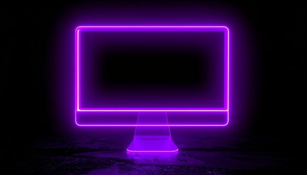 Glowing neon outline of computer monitor&mdash;purple hue on dark background with minimalistic futuristic design.