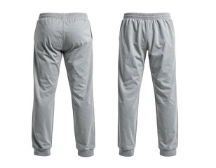 Two views of gray, casual athletic pants with elastic waistband and cuffs