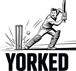 YORKER Reaction Vector: Cricket Batsman in Shocked Stance as Ball Hits Stumps and Bails Fly in Bold Black-and-White Moment.