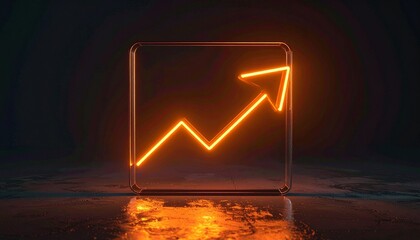 Glowing orange upward arrow icon—inside glass-like rectangular frame on dark background, symbolizing growth and progress.