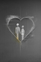 Abstract pencil drawing of two schematic human figures holding hands inside the outline of a heart on a gray background. Vertical greeting card.