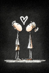 Vertical illustration. Two cute characters, guy and girl, are facing each other under painted white heart. Textured background, greeting card.