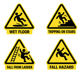 Safety warning sign set featuring various fall and tripping hazard symbols for workplace and public safety awareness