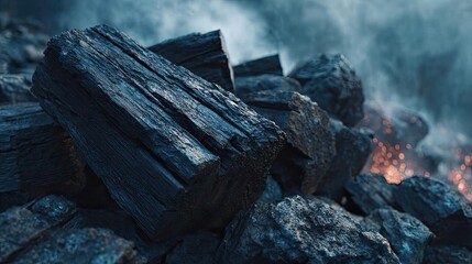 Blank wooden table with fire and smoke concept. Close-up view of charcoal pieces with smoke and embers.