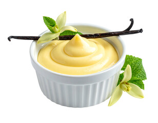 Creamy custard in a bowl, garnished with vanilla beans and mint leaves